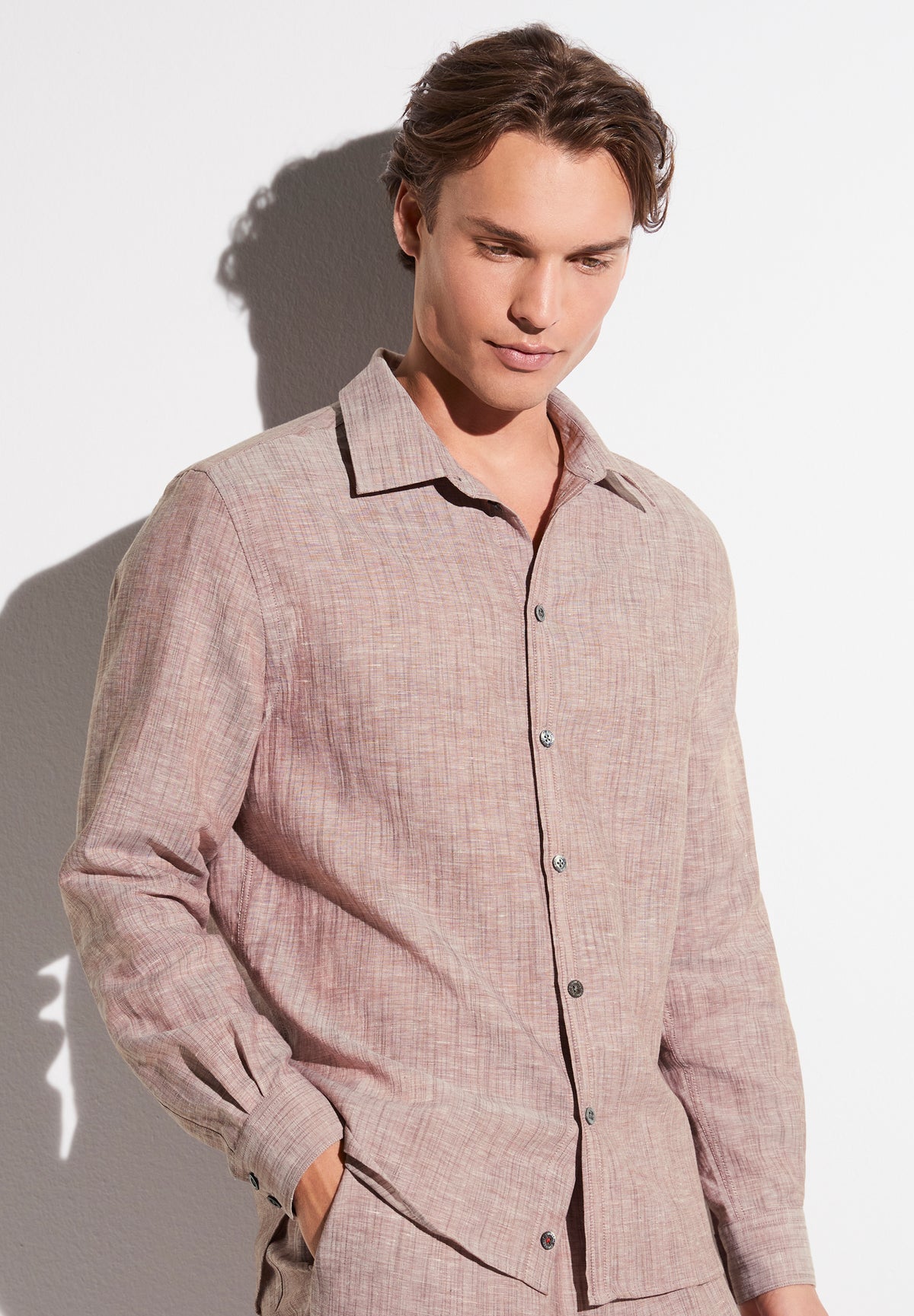 Linen Blend | Button Front Shirt Long Sleeve - red sand