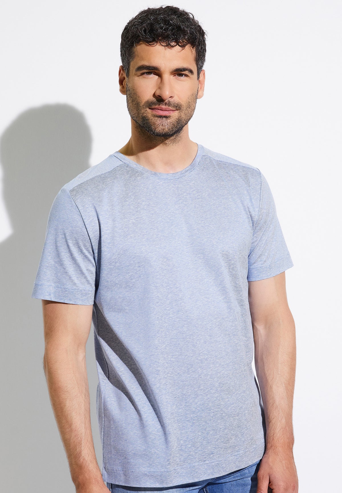 Cotton/Linen Stripes | T-Shirt kurzarm - light blue