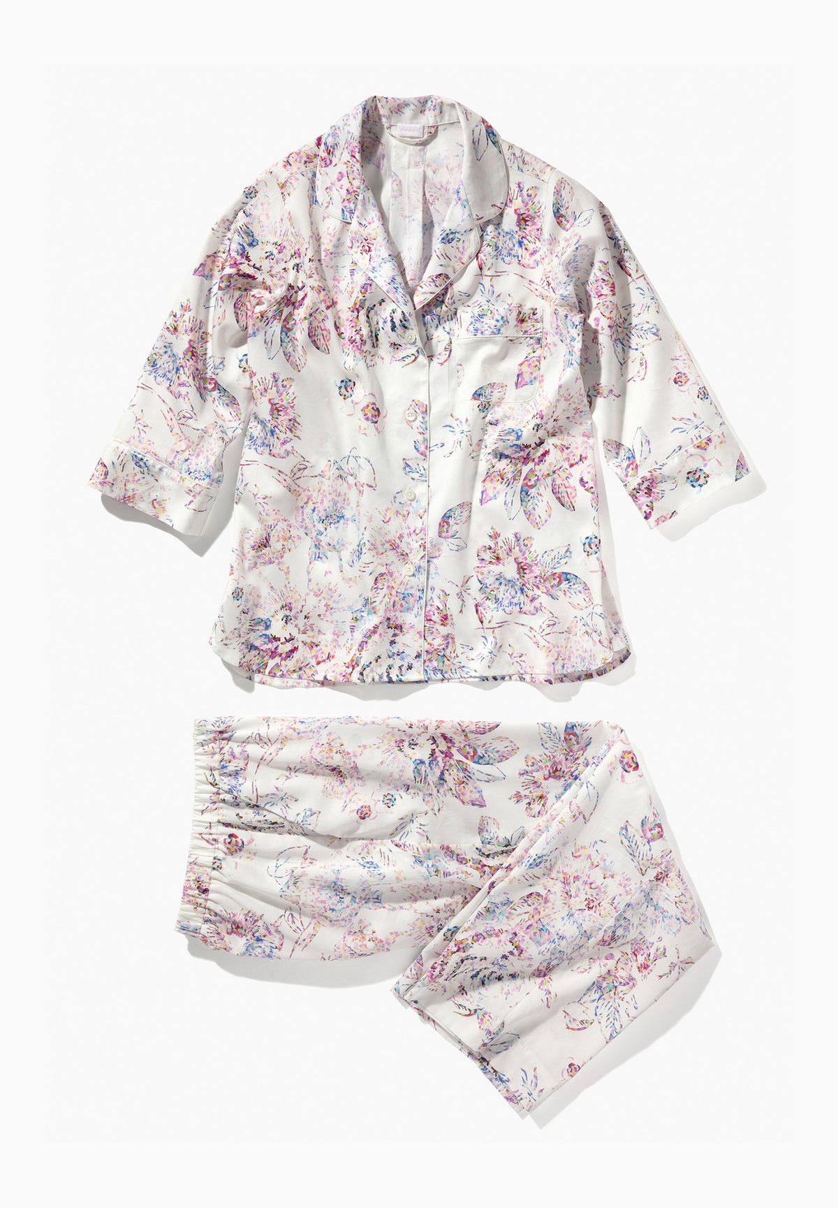 Cotton Sateen Print | Pyjama Cropped 3/4 Sleeve - pixel flowers