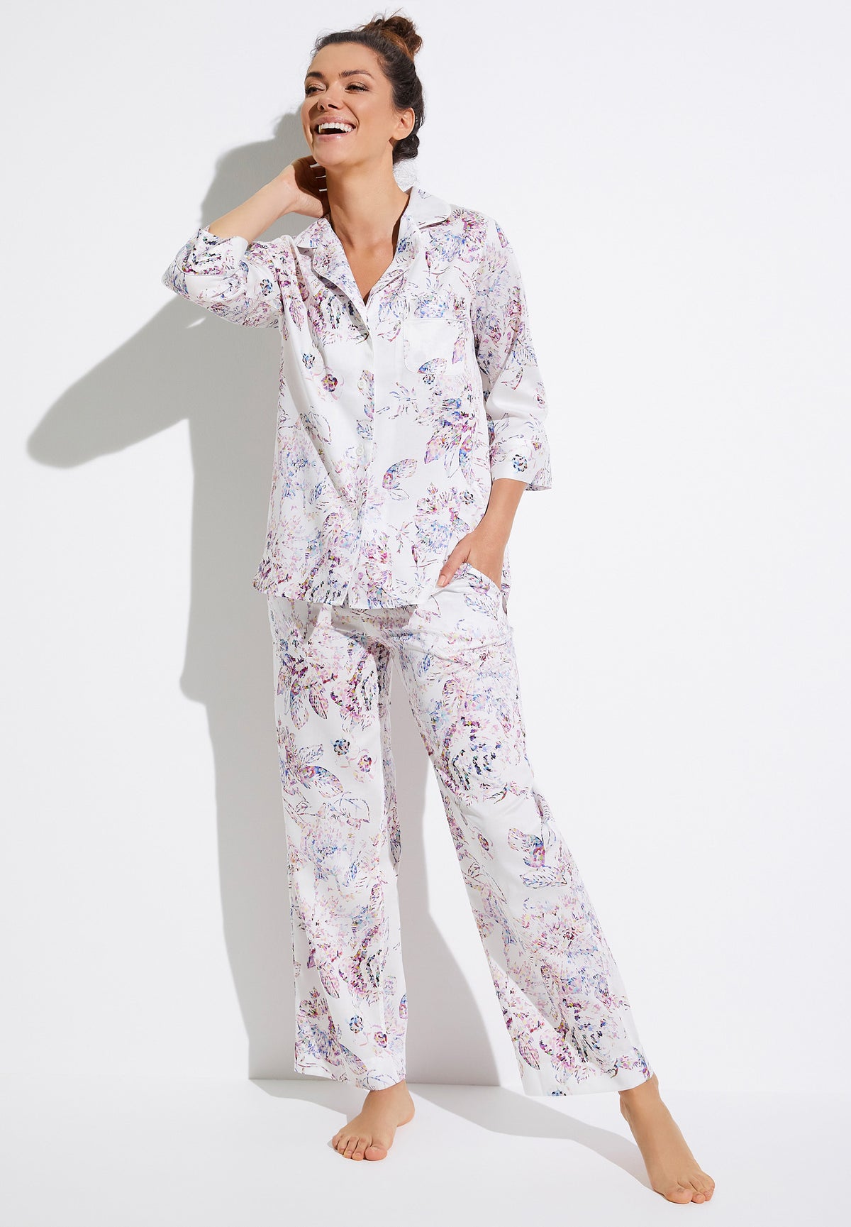 Cotton Sateen Print | Cropped Pyjama 3/4-Ärmel - pixel flowers